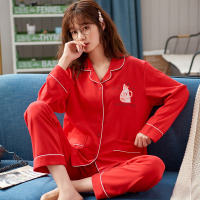 睡衣女士春秋款纯棉长袖加大码家居服冬季红色本命年套装夏