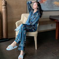 睡衣女春夏冰丝长袖长裤性感加大码秋冬季仿真丝薄款家居服可外穿