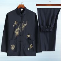 唐装男中老年短袖爸爸套装中国风爷爷汉服夏季老人刺绣长袖晨练服