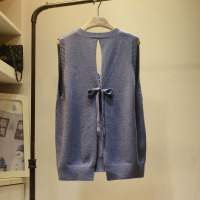 春秋新款韩版v领针织马甲女宽松设计感后背蝴蝶结背心无袖毛衣潮