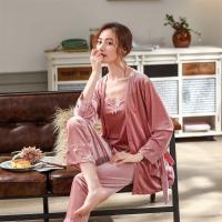 睡衣女春秋性感蕾丝睡袍金丝绒三件套冬季吊带睡衣套装家居服外穿