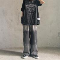 水银空间做旧水洗渐变烟灰色复古牛仔裤宽松直筒百搭拖地阔脚裤潮