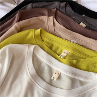 闭眼入软糯长袖t恤女秋季新款毛边轻薄圆领打底衫t恤tee基础纯色