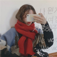 韩版ins毛线针织围巾女秋冬季加厚保暖围脖学生纯色潮红色百搭款