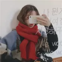 韩版ins毛线针织围巾女秋冬季加厚保暖围脖学生纯色潮红色百搭款