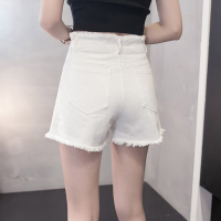 毛边牛仔短裤女夏学生高腰白色牛仔裤女a字热裤修身显瘦宽松大码