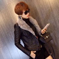 正常发货]加绒兔毛领短款皮衣女2020冬装新款加厚修身显瘦皮外套
