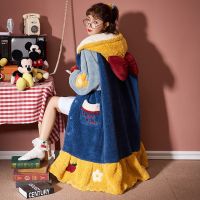 连帽睡衣女秋冬珊瑚绒睡衣女长款睡袍法兰绒睡裙女冬季家居服冬天