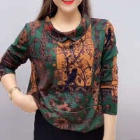 妈妈装秋装新款长袖t恤衫宽松大码花鸟印花小衫中老年女装打底衫