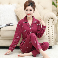 中年妈妈睡衣女春秋季纯棉长袖开衫中老年人加大码全棉家居服套装