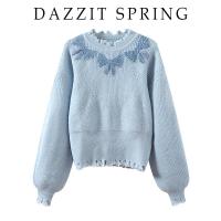 2020春秋季宽松蝴蝶结浅蓝色长袖针织衫上衣毛衣女士灯笼袖