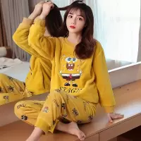 秋冬季珊瑚绒睡衣女加厚保暖女睡衣冬天海绵宝宝法兰绒家居服套装