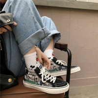 高帮帆布鞋男情侣春季涂鸦板鞋男韩版潮流百搭高邦学生鞋子男潮鞋