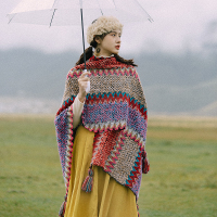 梦的马民族风披肩两用斗篷毛衣红色保暖围巾新疆青海旅行披风外套