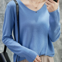 秋冬新款v领卷边羊绒衫女宽松纯色长袖毛衣大码针织打底羊毛衫