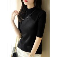 秋装2020新款中袖打底衫女加大码女装半高圆领针织五分袖黑色毛衣