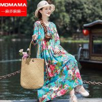 2020春秋新款长袖民族风连衣裙棉中老年妈妈装印花大码大摆长裙女