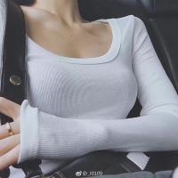 春秋紧身显胸大打底衫u领低胸性感大领口万能长袖t恤女小心机上衣