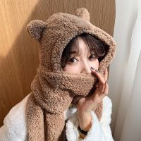 冬天保暖连体帽可爱毛绒帽子围巾一体女小熊耳朵萌学生加厚骑车帽