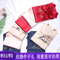 新娘伴娘女晨袍婚礼丝绸生日闺蜜派对睡衣趴绣字红色睡衣结婚晨袍