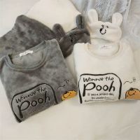 情侣睡衣女珊瑚绒加绒加厚秋冬圆领套头蜜罐熊法兰绒女家居服套装