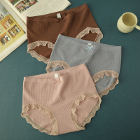 3条装柔软华夫格内裤女莫代尔无缝高弹蕾丝边中腰抑菌女士三角裤