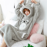 睡裙女冬中长款法兰绒韩版学生可爱龙猫加厚保暖长毛绒睡衣家居服