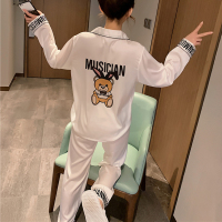 丝绸睡衣女长袖冰丝春秋套装韩国卡通可爱小熊字母印花潮款家居服