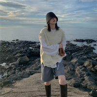 moershop白色针织马甲外套女v领毛衣毛背心宽松韩版毛线外搭秋冬