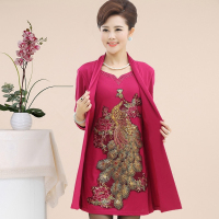 中老年春秋女装假两件长袖外套打底衫妈妈装连衣裙中年大码装新款