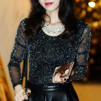 2020秋冬加绒蕾丝女长袖百搭金银丝修身大码圆领加厚t恤女打底衫