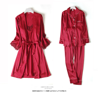 结婚睡衣新婚情侣套装春夏季新郎新娘晨袍冰丝绸家居服酒红色大码