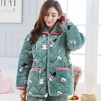 女士睡衣套装冬季女珊瑚绒三层加厚保暖夹棉可爱法兰绒家居服