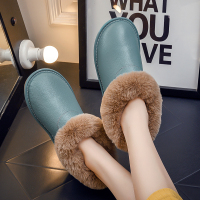 真皮面棉女冬天包跟家用秋冬家居鞋室内毛绒带后跟加绒厚底男