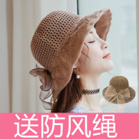 韩版绸缎大蝴蝶结棉麻遮阳盆帽子女夏沙滩大檐渔夫帽可折叠太阳帽