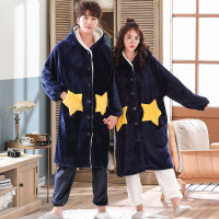 秋冬季法兰绒星星睡袍情侣睡衣女浴袍长款男外穿保暖宽松连帽家居