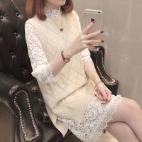 毛衣蕾丝两件套女韩版花边领中长款连衣裙针织马甲背心时髦套装裙