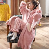 睡衣女秋冬季加绒加厚珊瑚绒睡袍冬季法兰绒睡裙保暖月子服套装