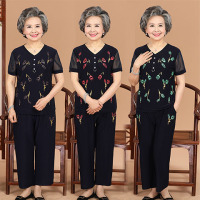 中老年女装夏装短袖套装妈妈装60岁老年人奶奶装上衣+裤子两件套