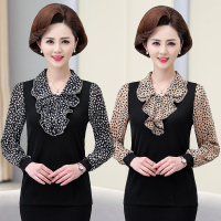 妈妈春装蝴蝶结针织打底衫 小个子中老年春秋雪纺袖遮肚上衣女t恤