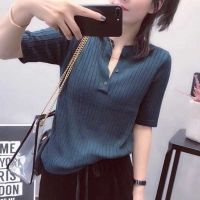 毛针织衫女中袖修身打底薄款韩版夏夏新款半开领纽扣女针织上衣