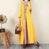 洗水棉复古文艺民族风秋季连帽女式风衣外套长款盘扣宽松外搭开衫