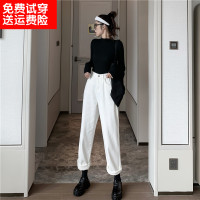 郭九九呢 白色裤子女直筒宽松高腰显瘦阔腿九分牛仔裤2020秋冬款