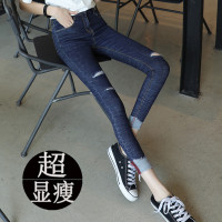 新款高腰牛仔裤女韩版显瘦弹力裤子女学生紧身破洞黑色九分小脚裤