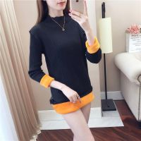 加绒/不加绒韩版中长款修身打底针织衫连衣裙半高领蕾丝毛衣女