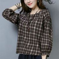 含棉80-200斤长袖t恤女秋装新款宽松大码女装格子上衣洋气打底衫