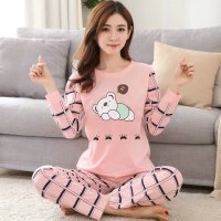 睡衣女春秋季女士睡衣大码卡通可爱韩版学生纯色棉长袖家居服套装