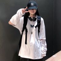 秋季新款ins蝴蝶印花长袖t恤女学生韩版宽松可拆卸袖子上衣打底衫