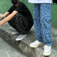 ins欧美街头hiphop满印刺绣腰果花牛仔裤宽松复古高腰长裤男女潮