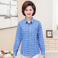 中老年女装全棉衬衫妈妈装长袖格子衬衣大码